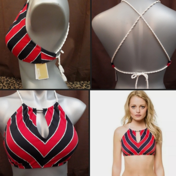 Kors Red White Blue Nautical Rope Tie Halter Top Bikini Adjustable Bathing Suit